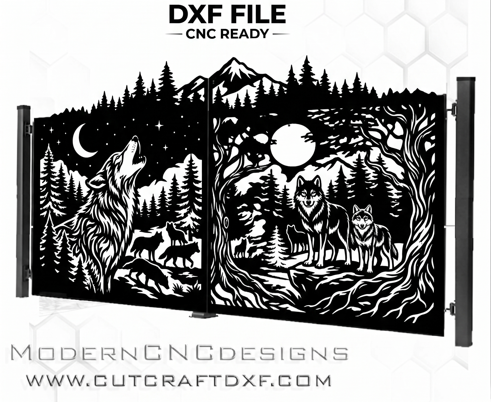 Howling wolf and moon forest DXF file for CNC plasma, mountain wilderness gate design for laser cutting