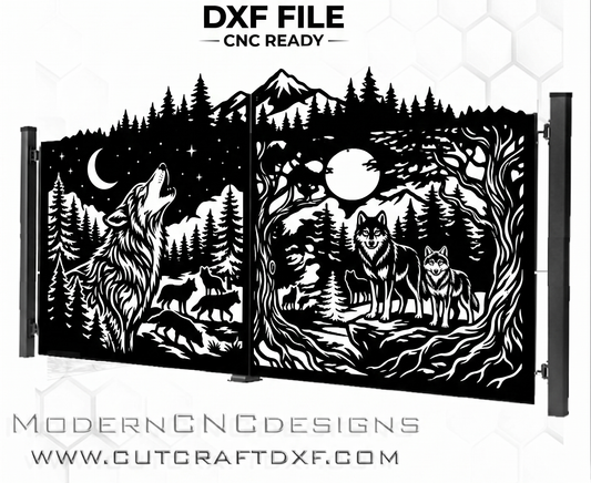 Howling wolf and moon forest DXF file for CNC plasma, mountain wilderness gate design for laser cutting