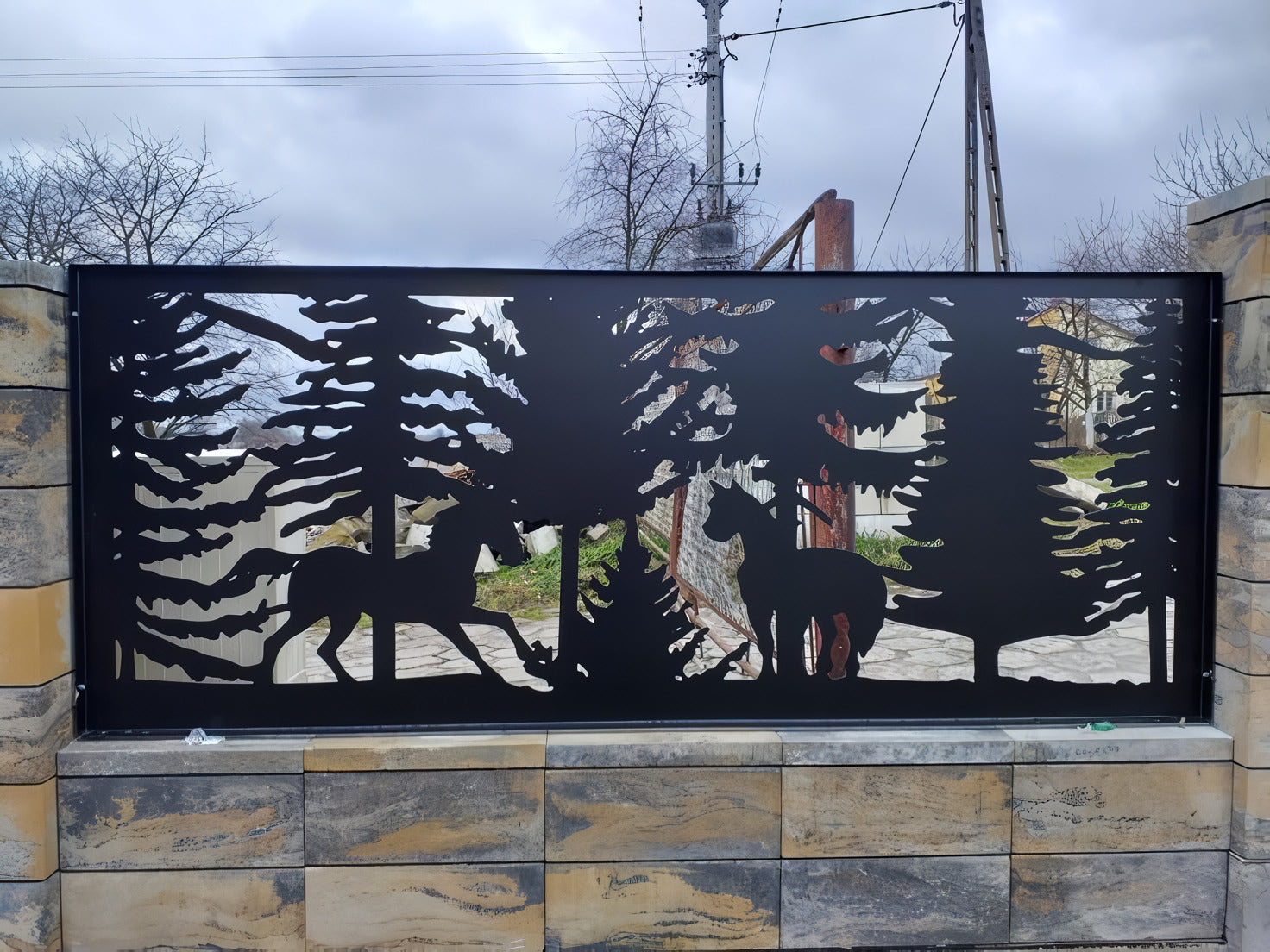 Laser cut aluminum metal panel with geometric design, CNC plasma and laser cutting, DXF SVG files, modern decorative metalwork, custom geometric pattern for fencing, gates, and interior or exterior design horse