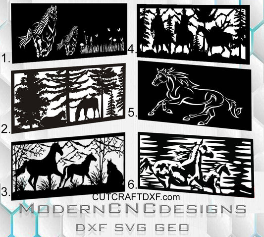Horse and forest wildlife DXF pattern, ready for laser cutting, plasma cutting, and waterjet CNC fabrication. Perfect for garden gates, swing gates, fences, balcony railings, and decorative outdoor panels. Ideal for modern homes, stone fences, and nature-inspired garden projects. Production-ready vector files optimized for precise cutting and contemporary outdoor design.