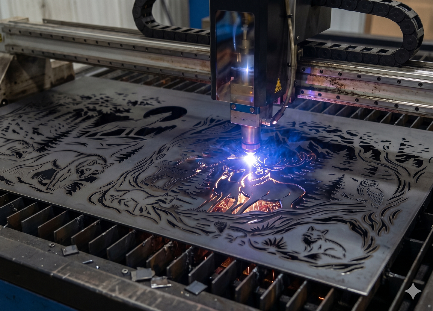Plasma cutting process of metal gate panel, CNC laser machine working on wildlife DXF design