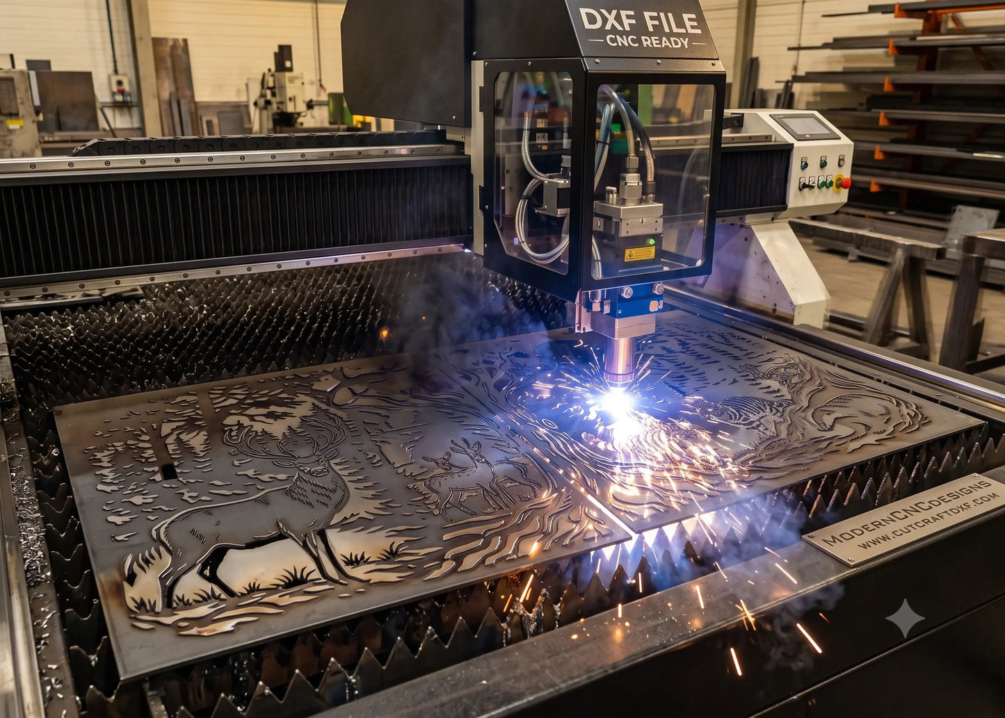 CNC plasma laser machine cutting the forest wildlife deer and wildcats design panel out of a sheet of steel metal with sparks.