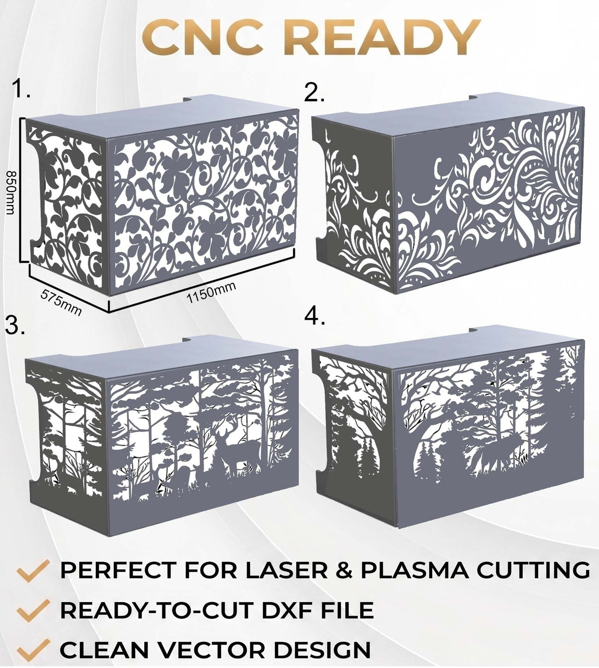 A promotional graphic showing four gray 3D box-like laser-cut product renders with decorative scroll and forest silhouettes, labeled 1 through 4 under the heading 'CNC READY.' Text at the bottom says it is perfect for laser & plasma cutting, ready-to-cut DXF file, and clean vector design.