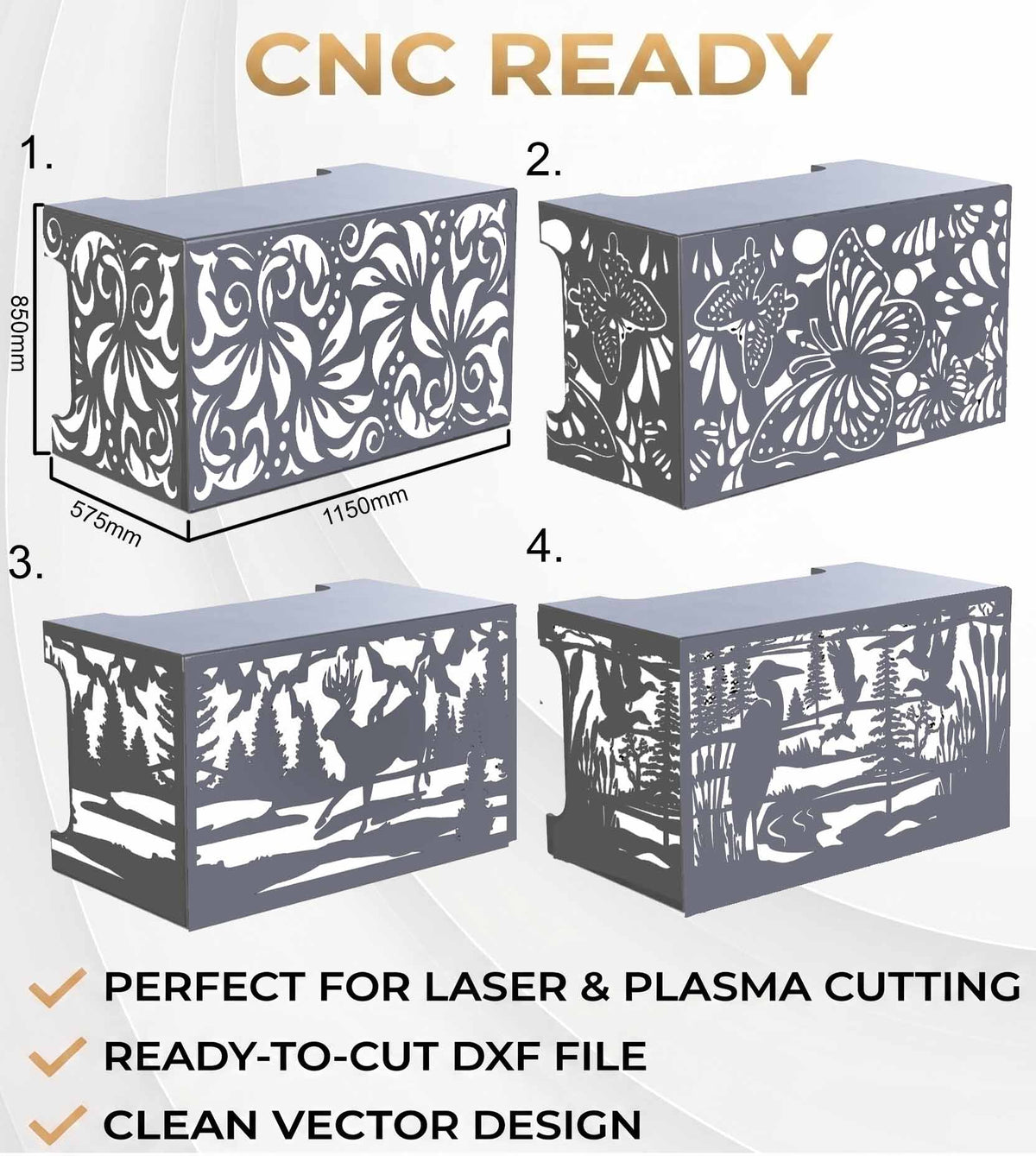 Four laser-cut metal box designs with decorative floral, butterfly, forest, and landscape patterns, labeled 1 through 4 on a light background with the text 'CNC READY' and feature callouts for laser/plasma cutting, DXF file, and clean vector design.