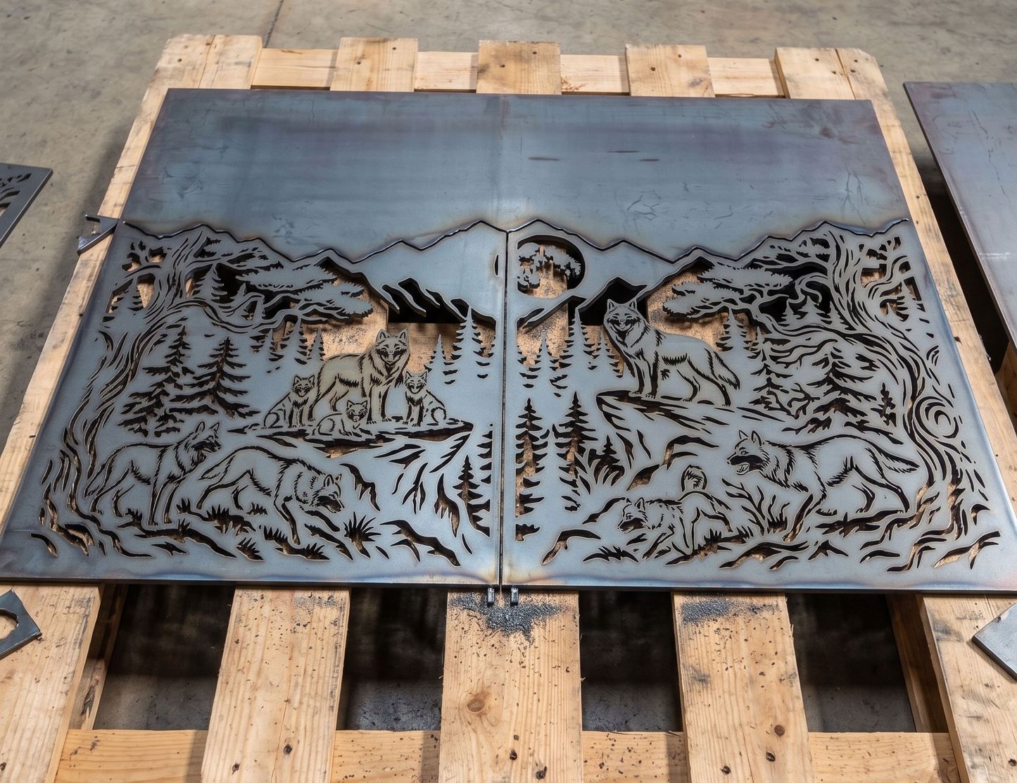 Plasma cut steel gate panels on pallet, CNC fabricated mountain wolf metal art from DXF file