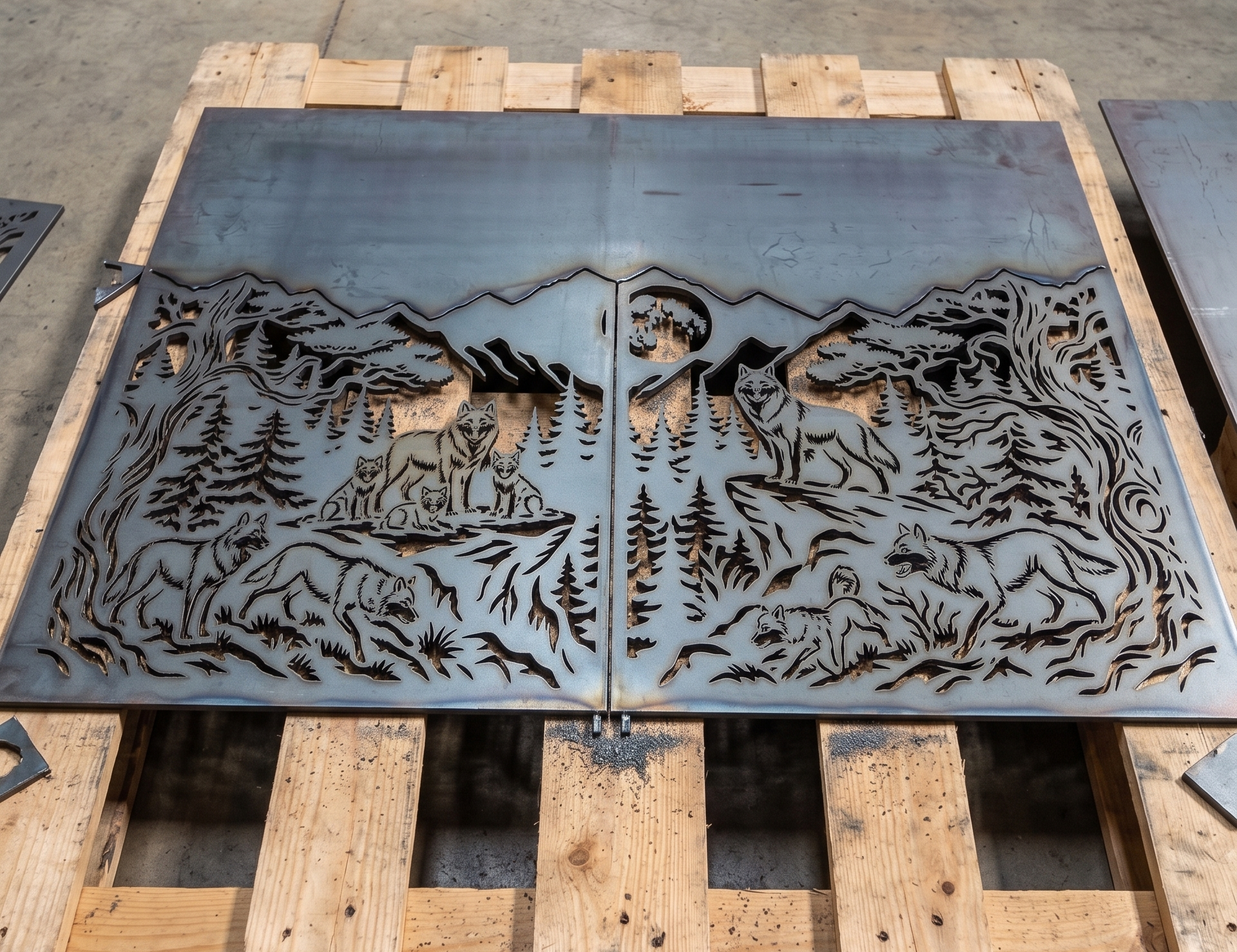 Plasma cut steel gate panels on pallet, CNC fabricated mountain wolf metal art from DXF file