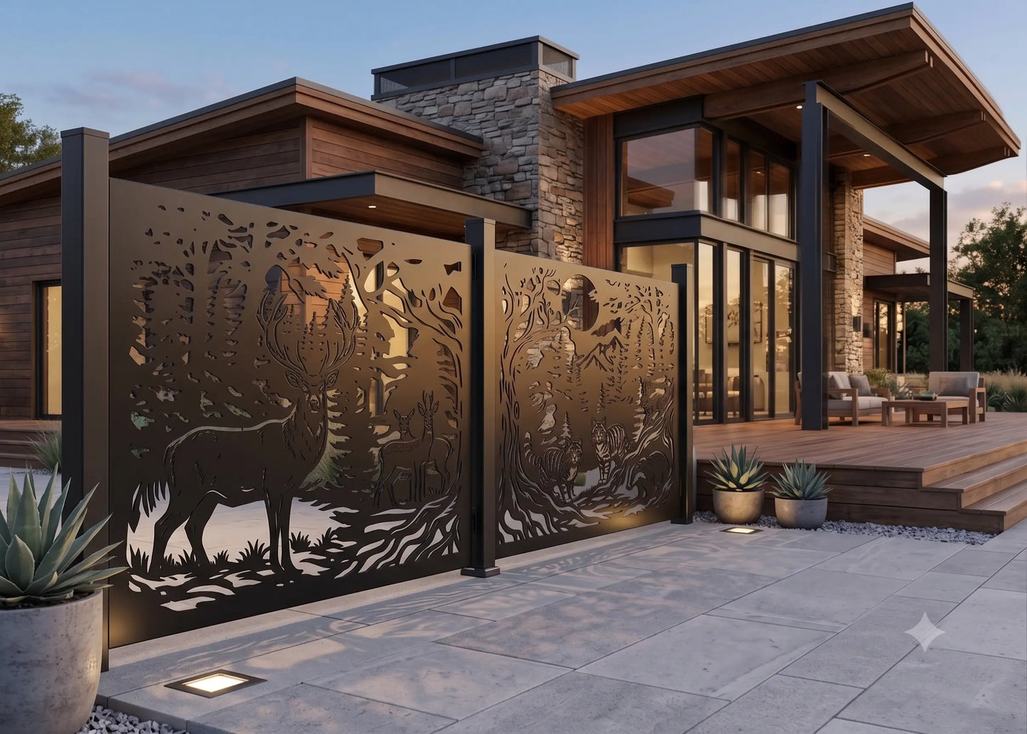 Decorative black metal fence panels with laser cut woodland scenery and deer design under modern house terrace, side view angle.