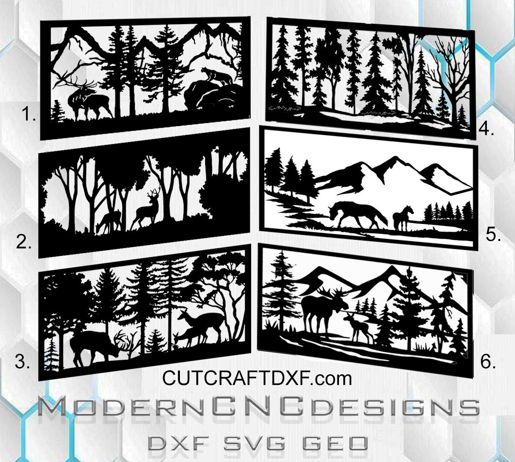 Laser cut wildlife stencil with forest animals, CNC plasma and laser cutting, modern corten panels, DXF SVG JPG files, decorative metal patterns, nature-inspired design, custom laser-cut templates for outdoor and indoor use