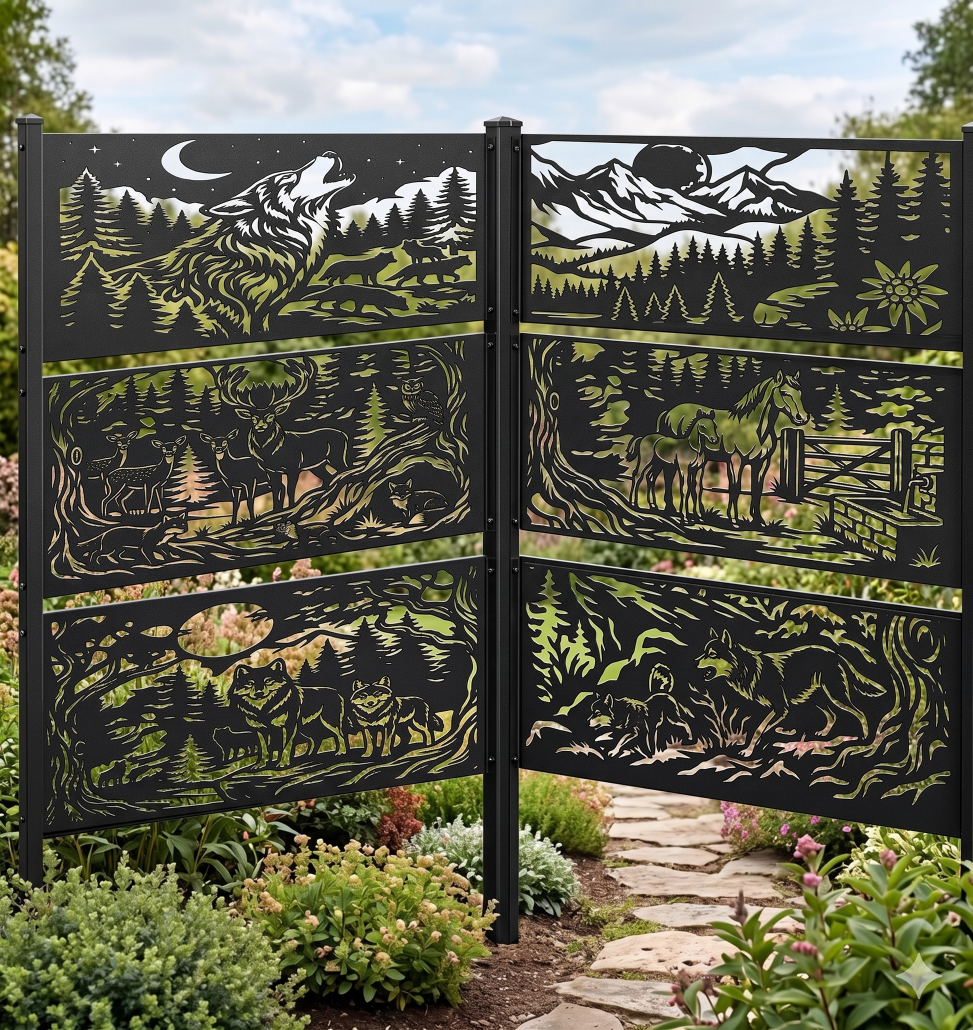 Outdoor metal privacy screen panels - laser cut garden dividers with mountain and forest landscape - CNC ready metal art