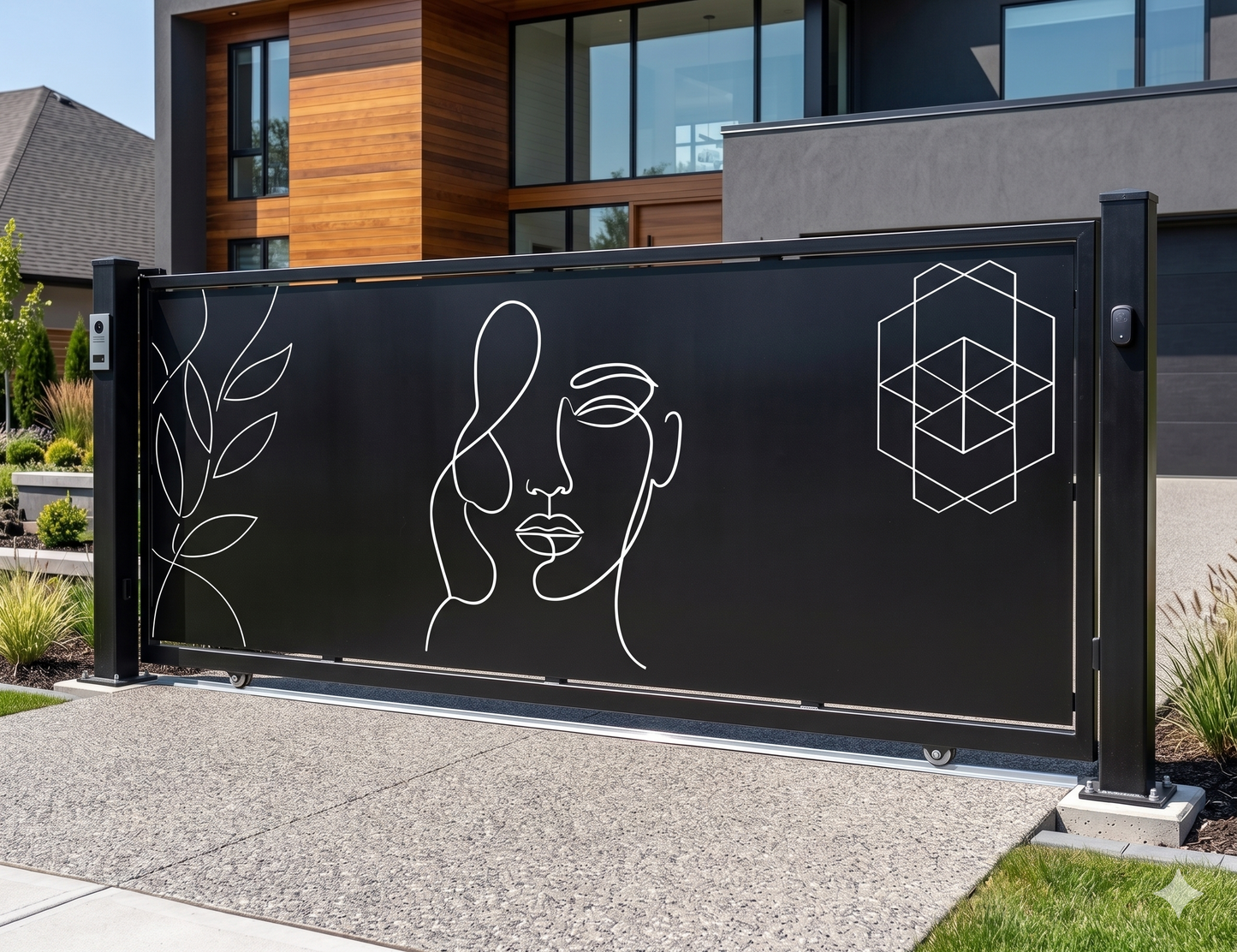 Modern sliding driveway gate with abstract line art panels, contemporary laser cut metal entrance