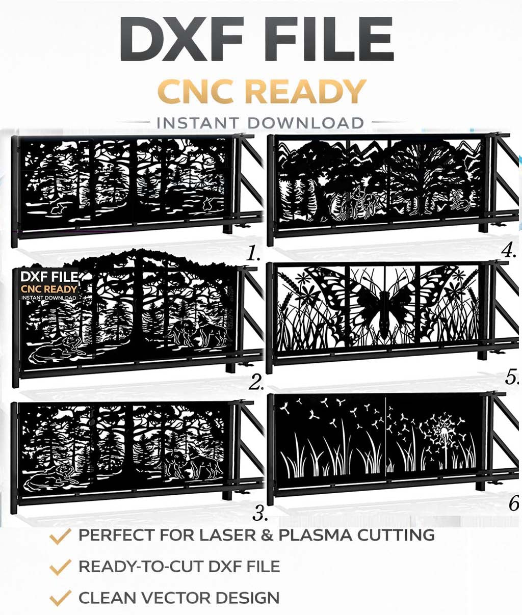 Sliding gate pattern Wolf, butterfly ,dandelion - Laser CNC plasma Cutting panels DXF