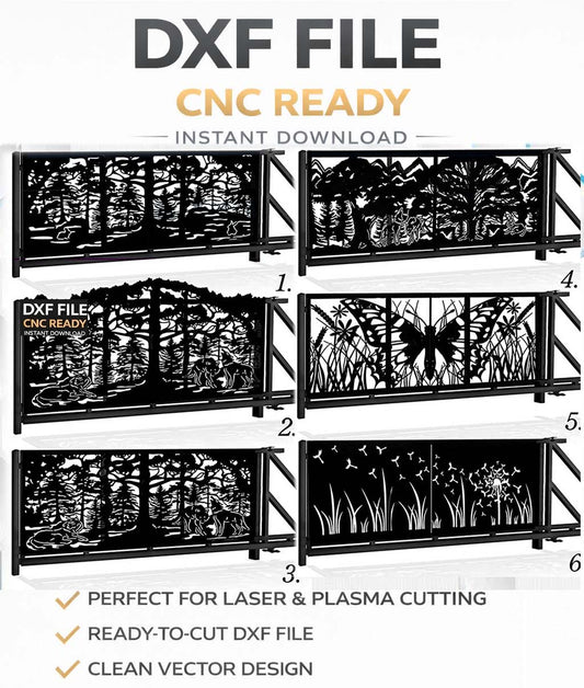 Sliding gate pattern Wolf, butterfly ,dandelion - Laser CNC plasma Cutting panels DXF