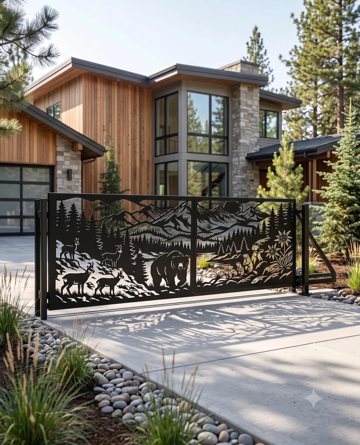 Modern house with a decorative metal gate featuring nature-themed designs.