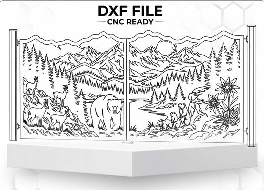 Bear, mountain range, Edelweiss flower and wildlife gate, intricate CNC plasma DXF file design, integrated in stone pillars with modern luxury house at twilight. vector