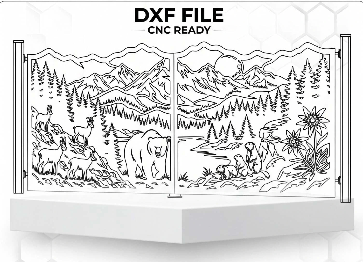 Bear, mountain range, Edelweiss flower and wildlife gate, intricate CNC plasma DXF file design, integrated in stone pillars with modern luxury house at twilight. vector