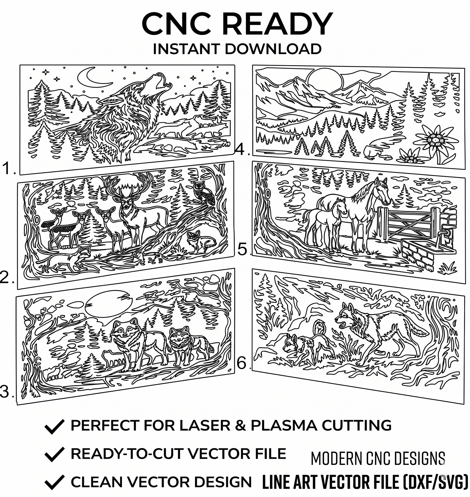 Vector line art for CNC cutting - SVG DXF GEO file formats for laser and plasma - nature themed metal privacy screens