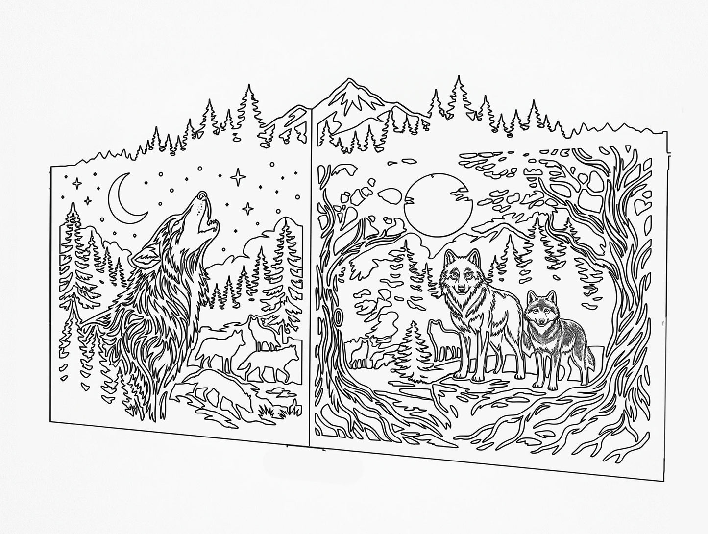 Precision DXF vector pattern for CNC metal art, wolf pack forest scene for automatic swing gates