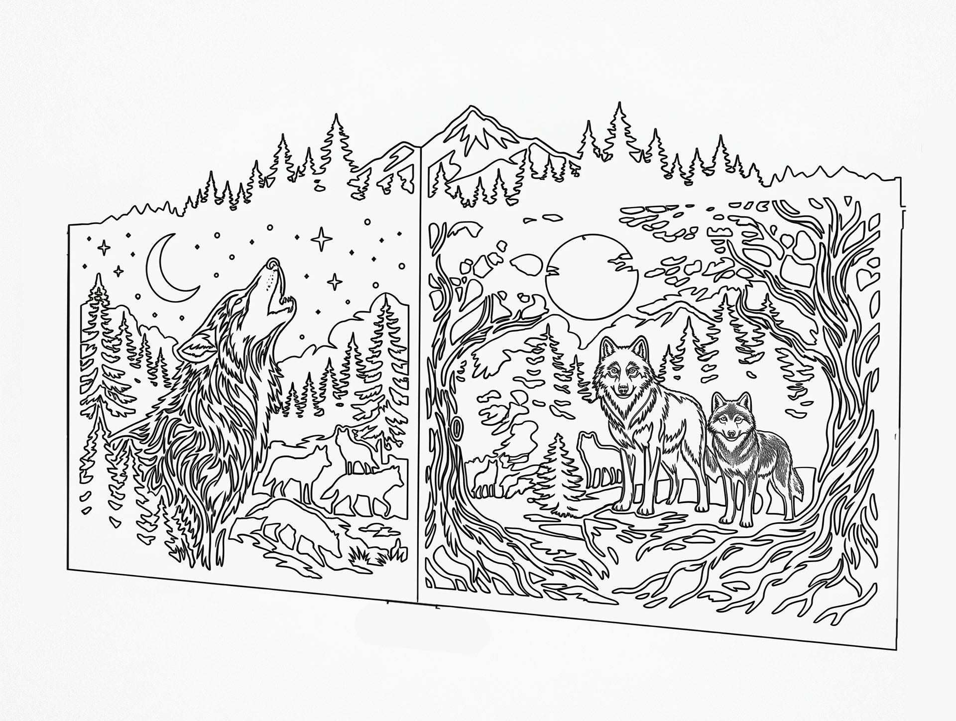 Precision DXF vector pattern for CNC metal art, wolf pack forest scene for automatic swing gates