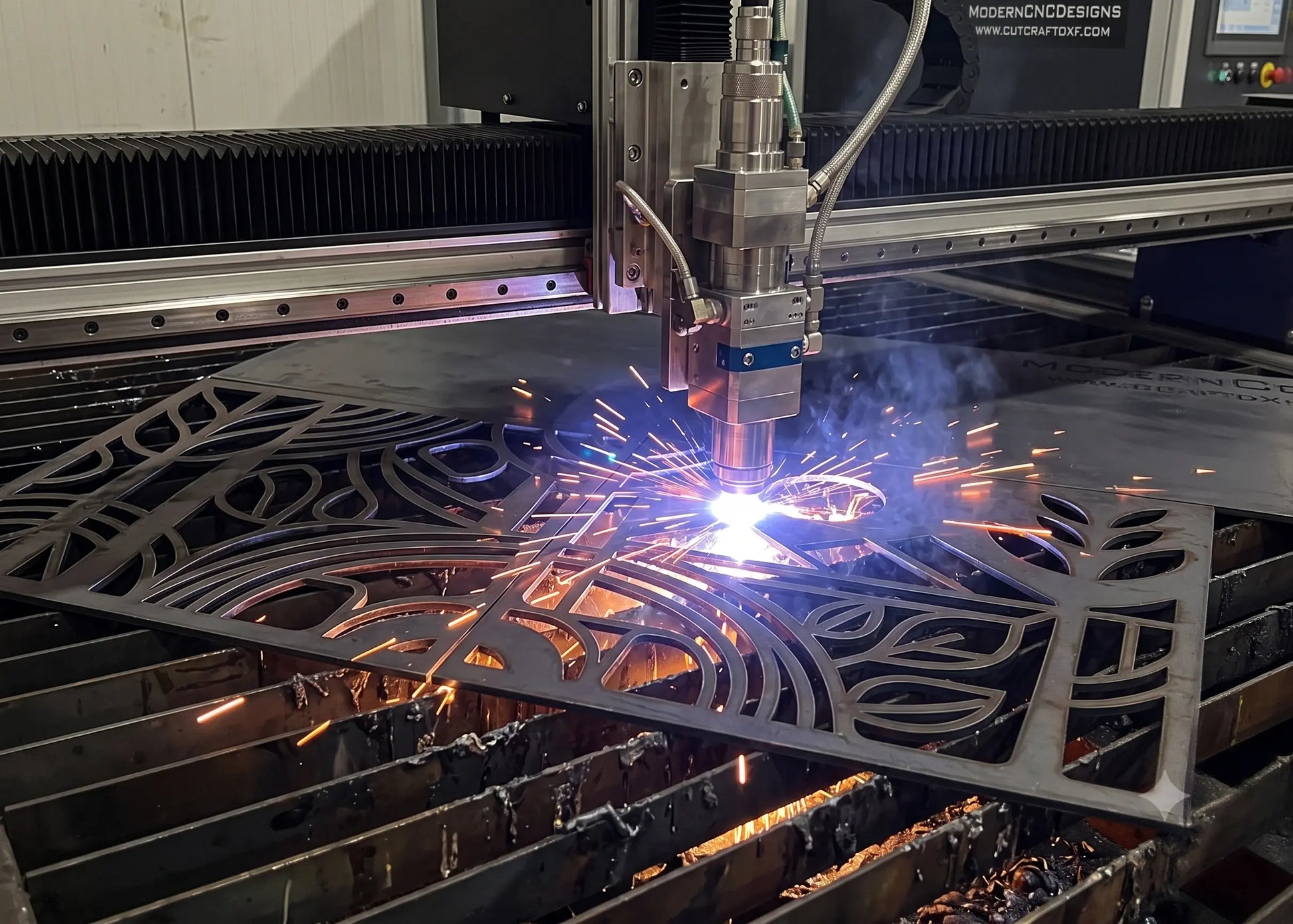 CNC plasma cutting machine fabricating a metal gate panel with abstract geometric nature design and flying sparks