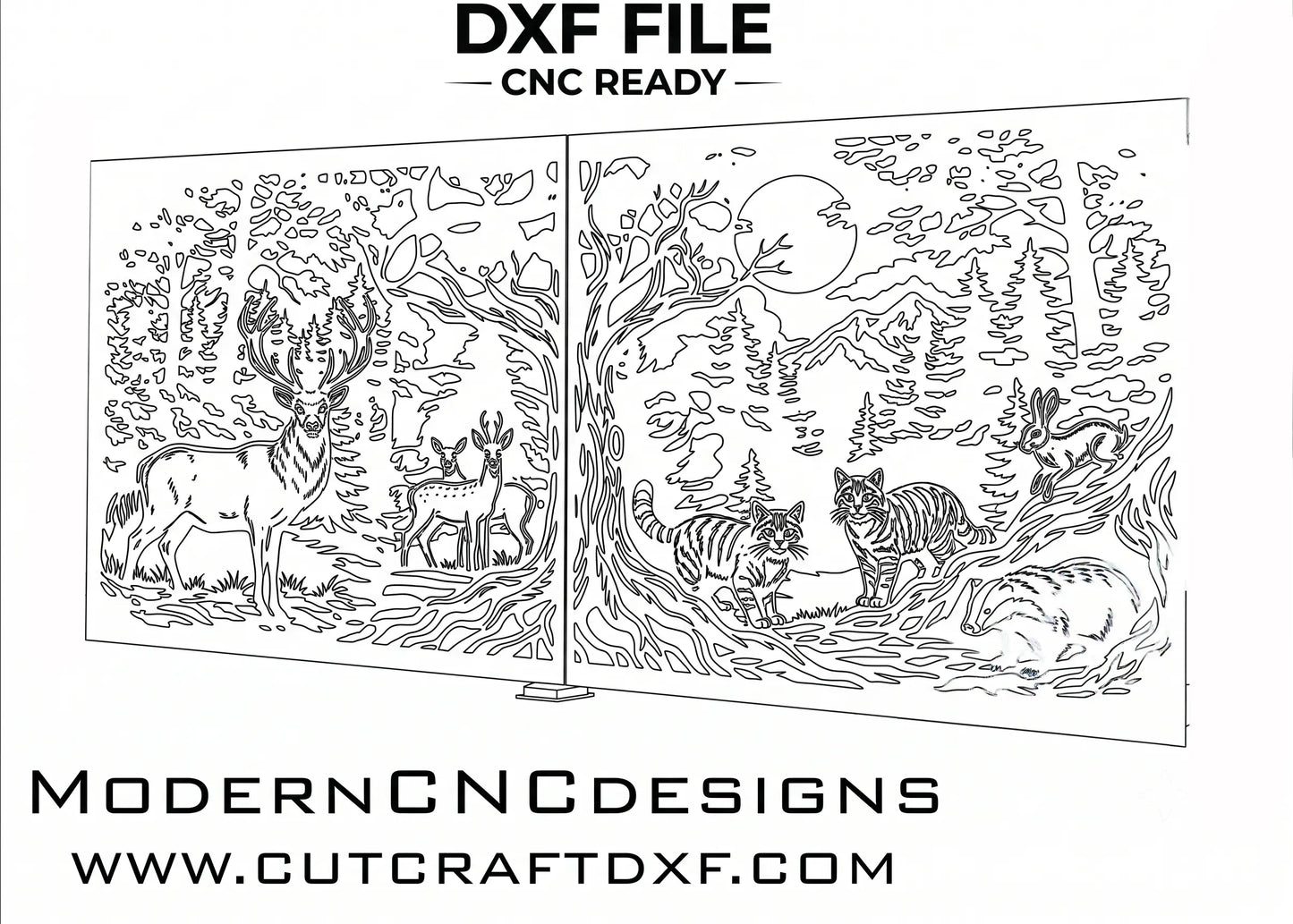 Black and white vector line art preview of Forest Wildlife CNC Gate DXF File featuring deer, wildcats, hare, and badger on a plain white background.