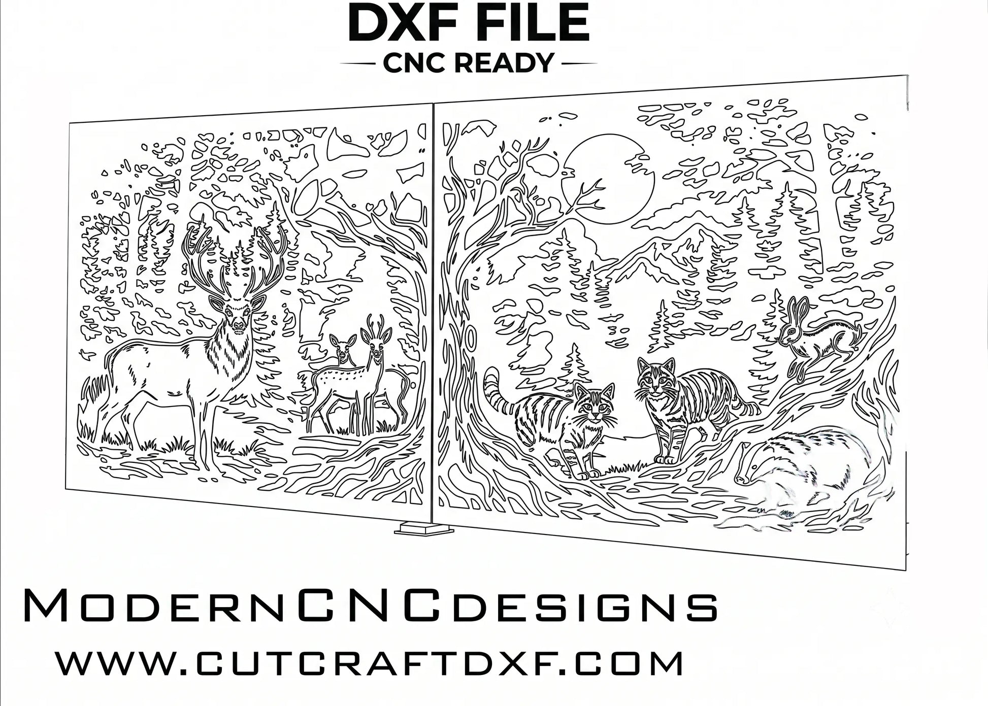 Black and white vector line art preview of Forest Wildlife CNC Gate DXF File featuring deer, wildcats, hare, and badger on a plain white background.