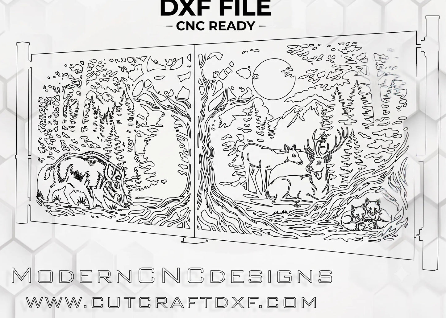 Forest Wildlife Majestic Deer, Boar & Foxes Woodland Landscape |CNC Gate DXF File |Laser Plasma Cut Metal Panel Design