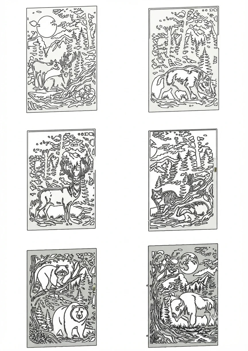 Six rectangular black-and-white illustrated panels arranged in a 3-by-2 grid on a white background, each showing a different animal scene with trees, moon, and detailed line art.
