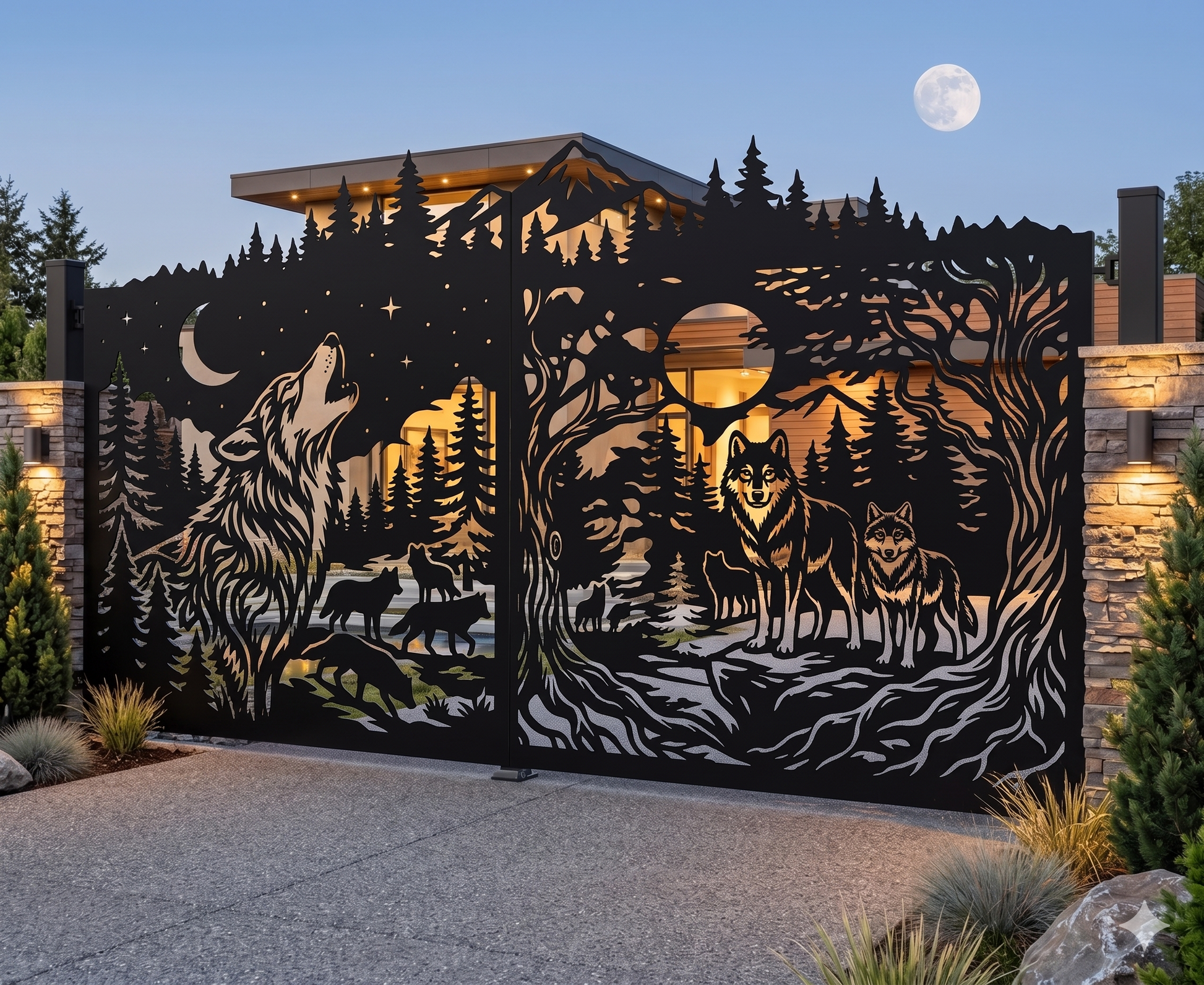 Decorative metal driveway gate with backlit wolf silhouette, custom CNC cut wildlife gate panels