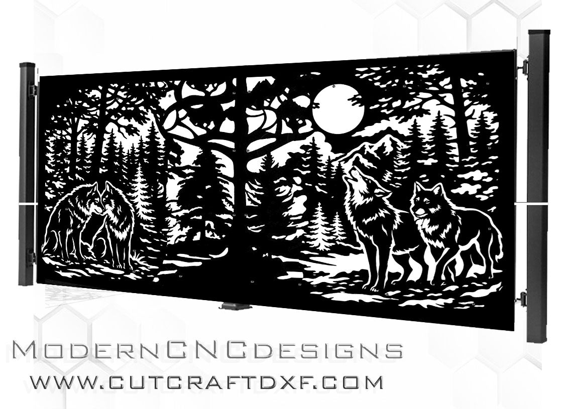 Laser cut swing driveway gate with wolf wildlife forest design, CNC plasma cut from DXF, SVG and JPG