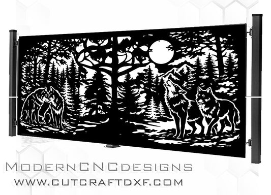 Laser cut swing driveway gate with wolf wildlife forest design, CNC plasma cut from DXF, SVG and JPG
