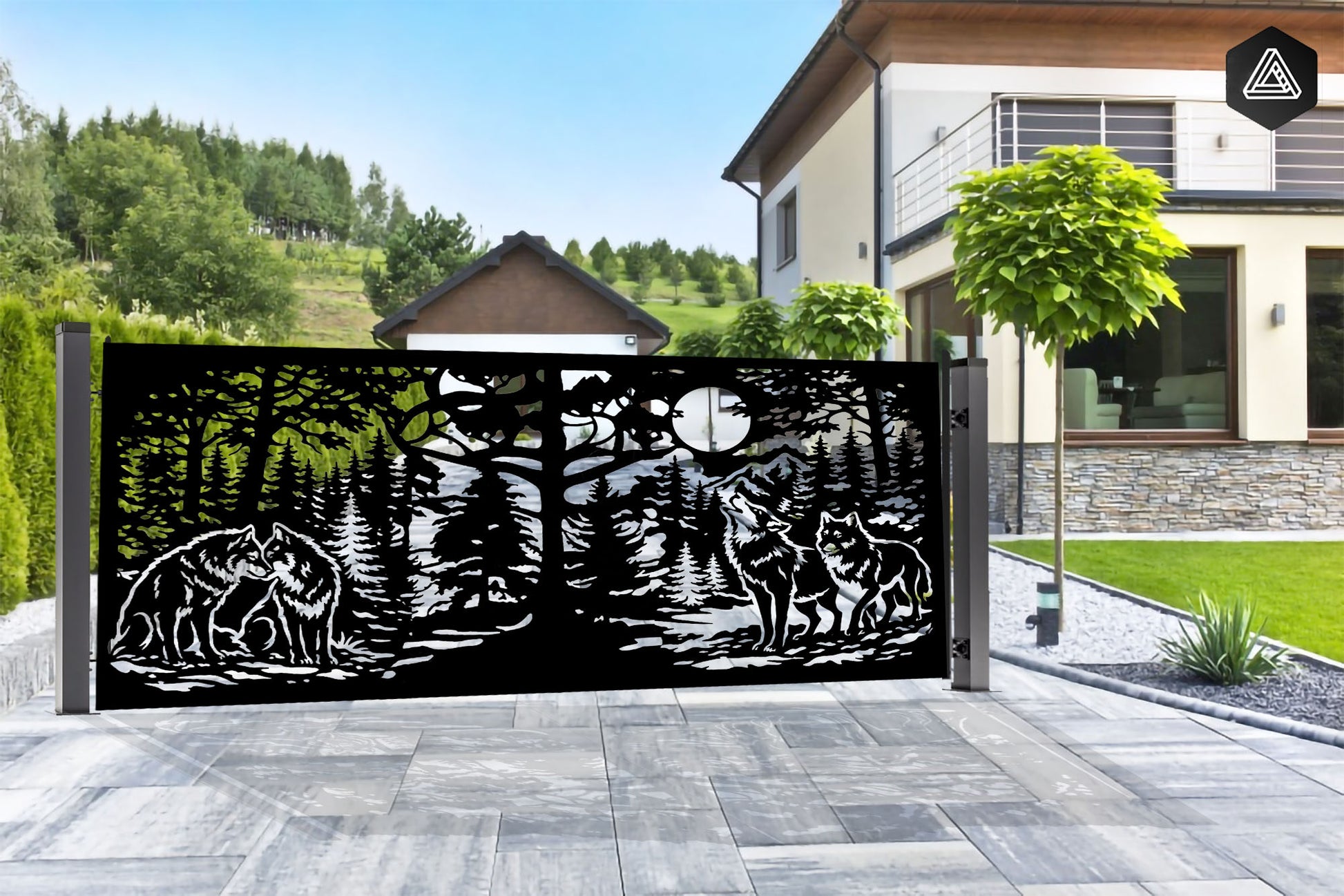 Laser cut swing driveway gate with wolf wildlife forest design, CNC plasma cut from DXF, SVG and JPG