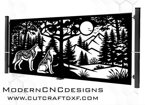 Wolf gate pattern wolves in forest with full moon and mountains DXF SVG