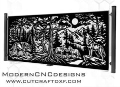 Howling wolf pack gate pattern DXF SVG laser cut forest panel with mountains and full moon