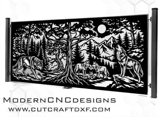 A black and white CNC laser-cut wood wall art panel featuring a forest scene with wolves, mountains, trees, and a full moon, shown with side supports on a white background. The text 'MODERNCNDESIGNS' and 'WWW.