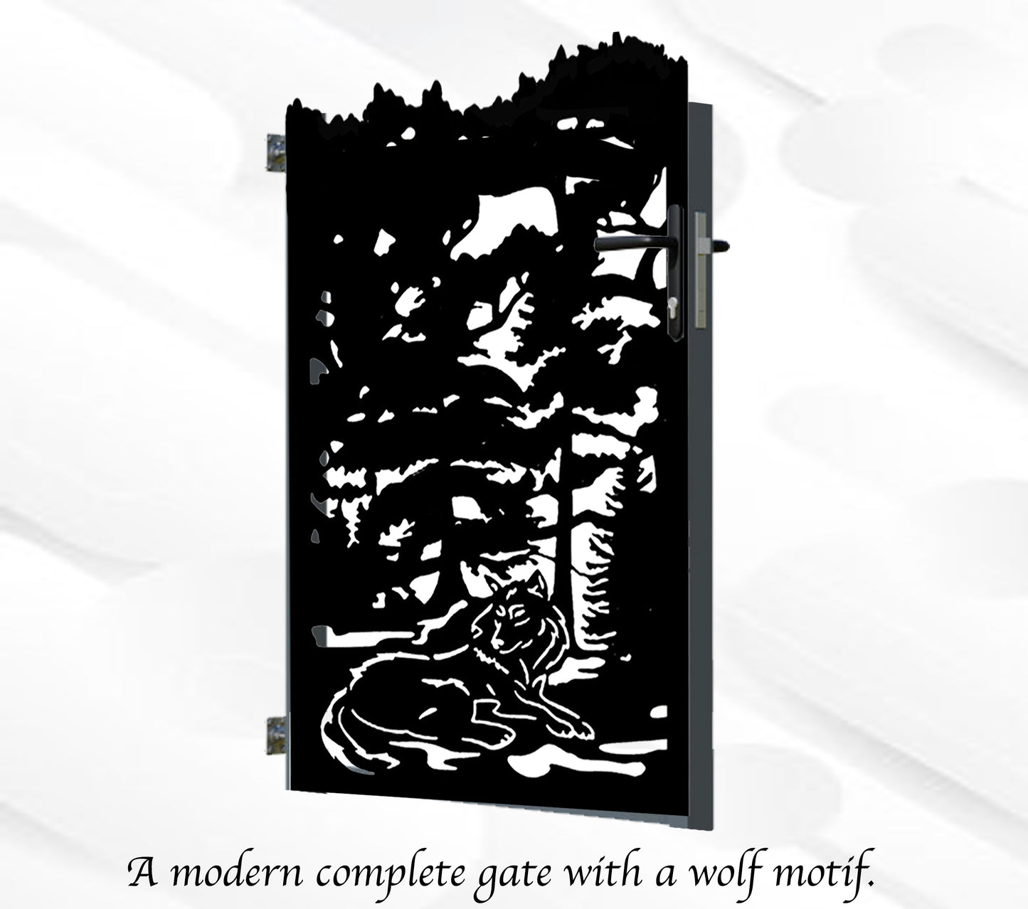 Metal gate with wolf design on a white background
