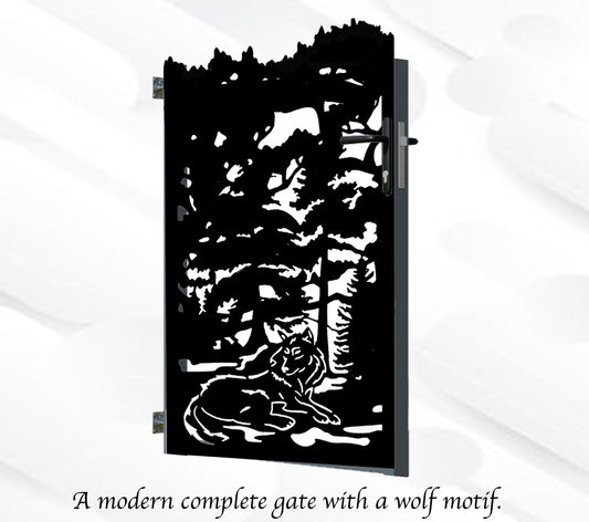 Metal gate with wolf design on a white background