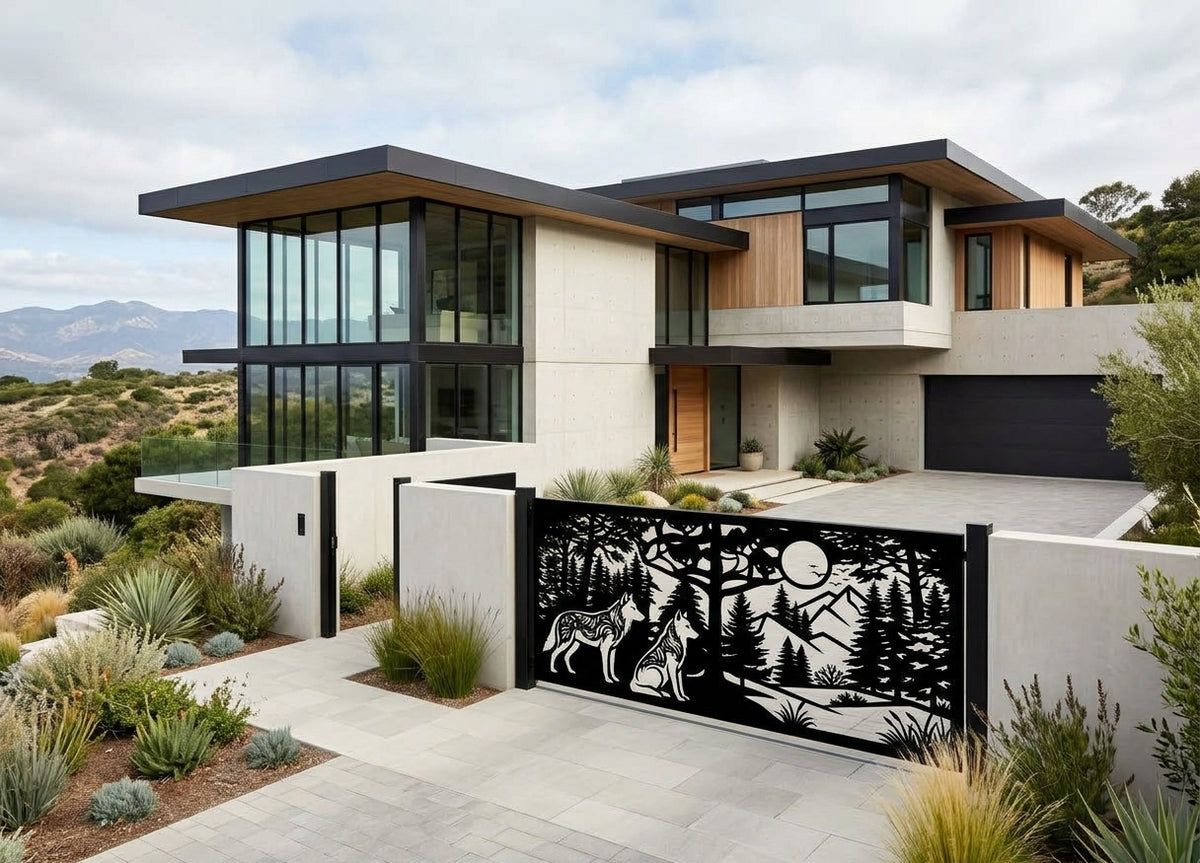 Modern house exterior with a decorative black metal gate featuring a wolf and forest silhouette design, set in landscaped terrain with hills in the background.