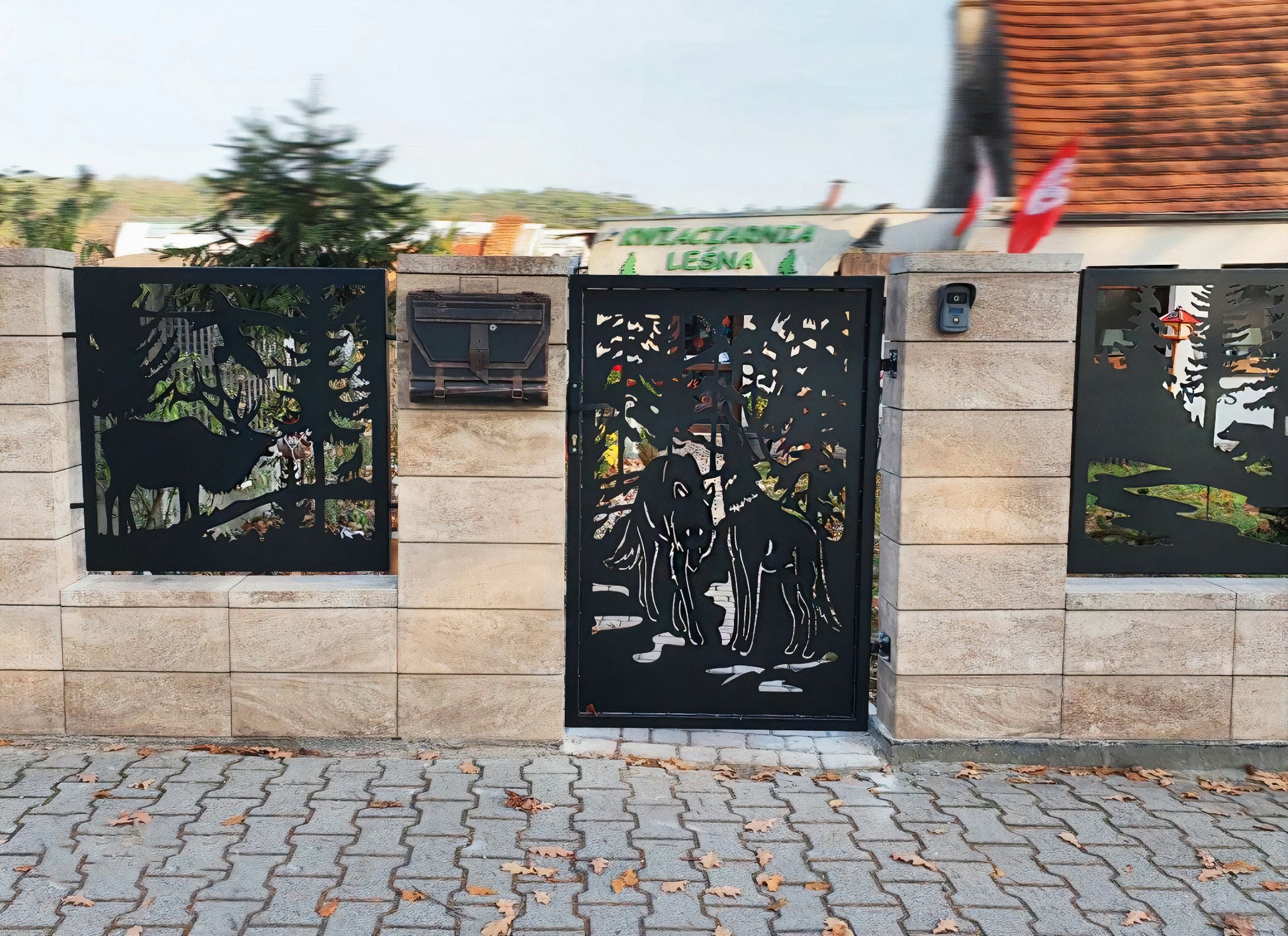 Decorative metal gate with artistic design on a stone wall. wolf motiv pattern dxf svg vector